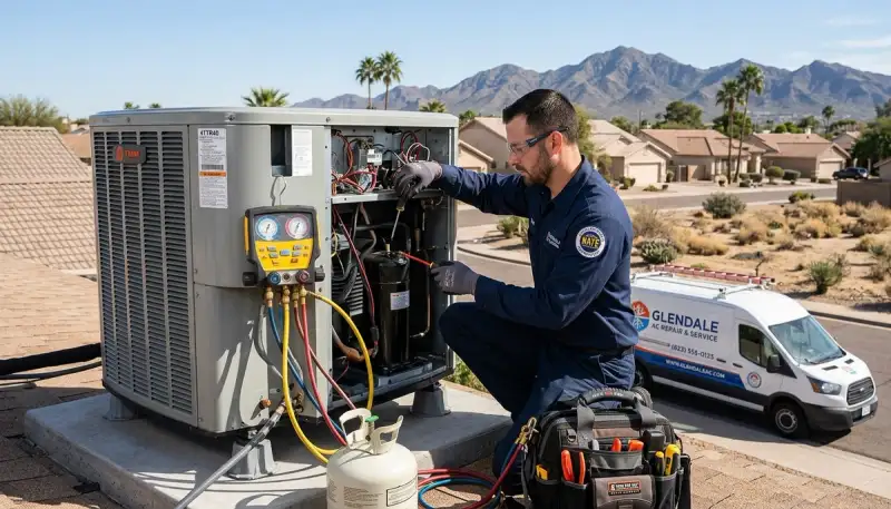 HVAC technician performing AC repair service in Phoenix AZ home