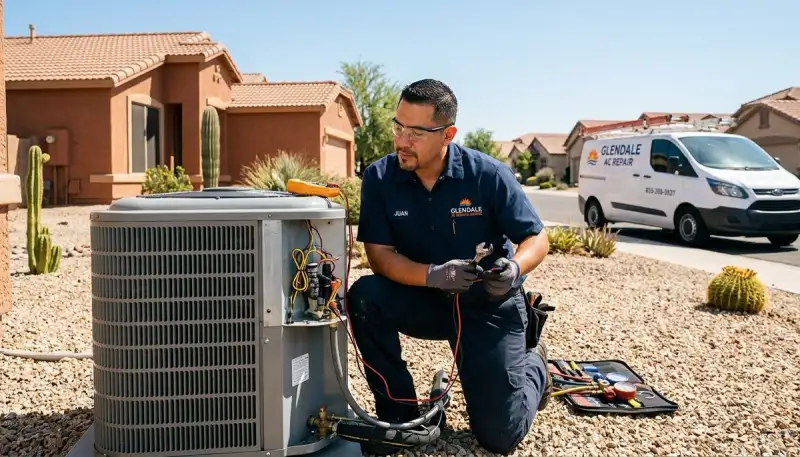 Professional AC repair technician servicing air conditioner unit in Phoenix, AZ