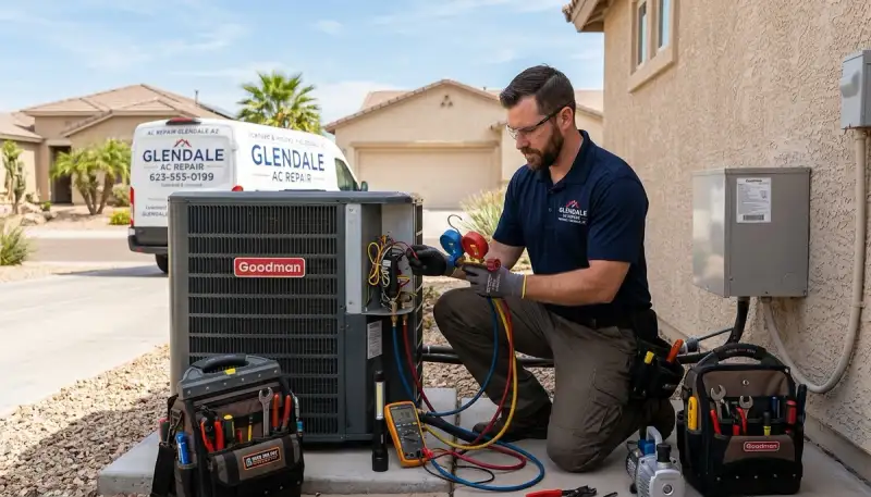 Professional AC repair technician servicing air conditioner in Phoenix AZ home
