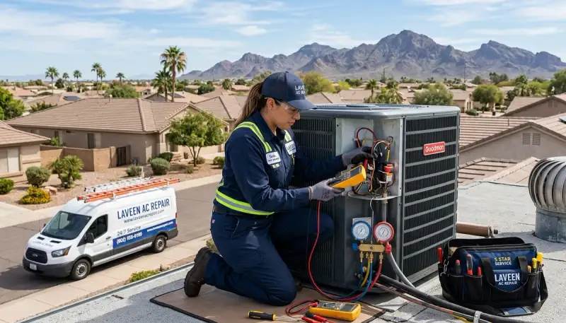 Professional AC repair technician servicing air conditioning unit in Phoenix, AZ