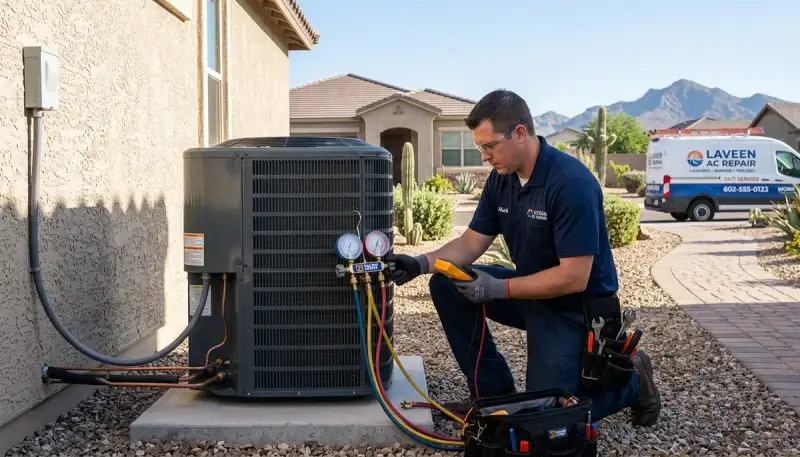 Professional AC repair technician servicing air conditioner in Phoenix, AZ home
