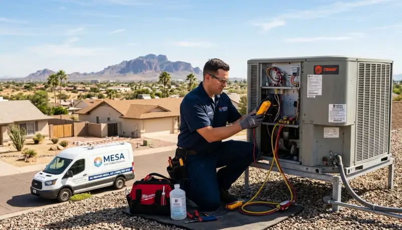 Professional AC repair technician servicing air conditioner in Phoenix AZ home
