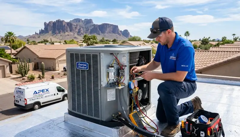 Professional AC repair technician servicing residential HVAC unit in Phoenix, AZ