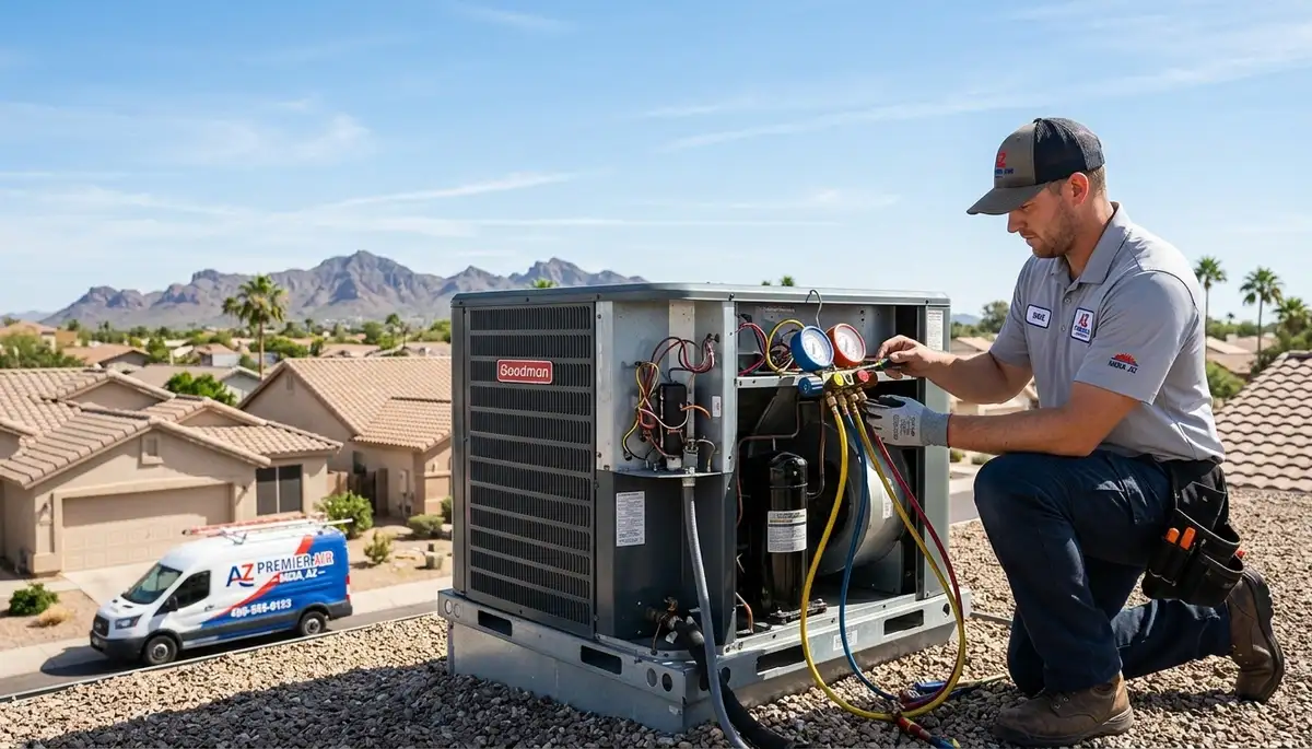 Professional AC repair technician servicing air conditioner in Phoenix AZ home