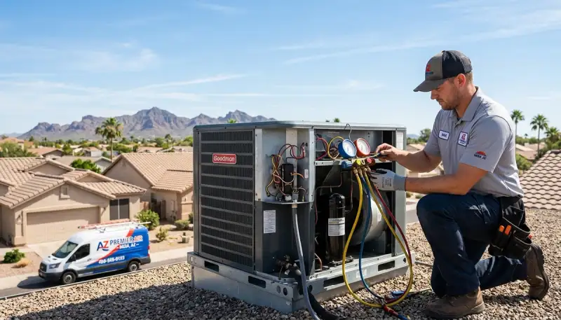 Professional AC repair technician servicing air conditioner in Phoenix AZ home