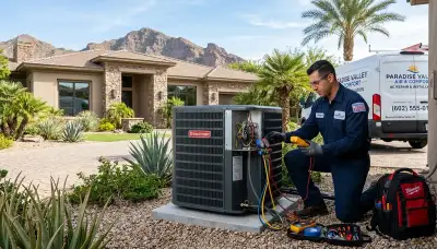 Professional AC repair technician servicing residential air conditioner in Phoenix AZ