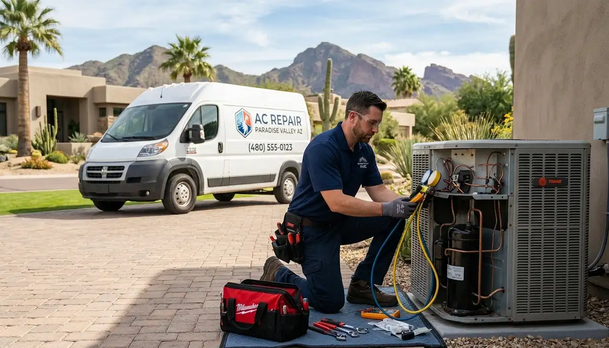 Professional AC repair technician servicing air conditioner in Phoenix, AZ home