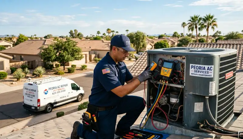 Professional AC repair technician servicing air conditioner unit in Phoenix, AZ