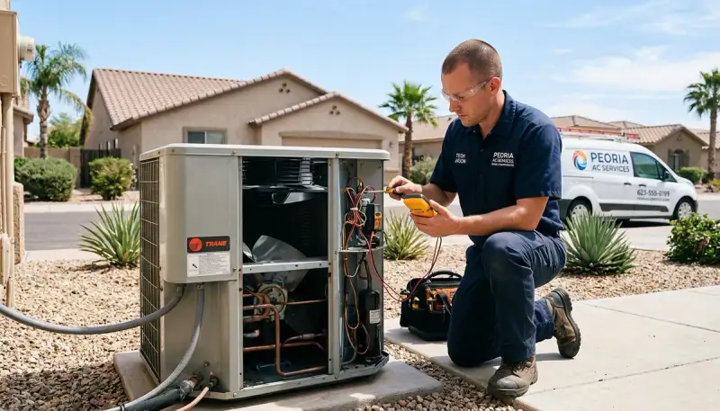HVAC technician performing AC repair service at a residential home in Phoenix, AZ