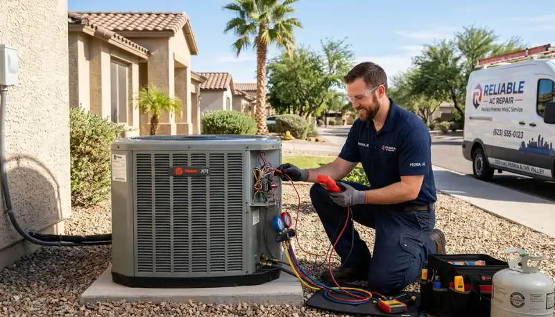 Professional AC repair technician servicing residential HVAC unit in Phoenix, AZ