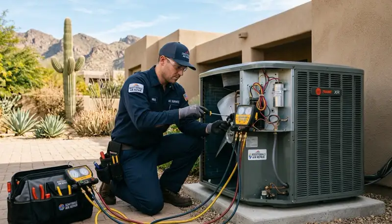 Professional AC repair technician servicing cooling unit in Phoenix, AZ