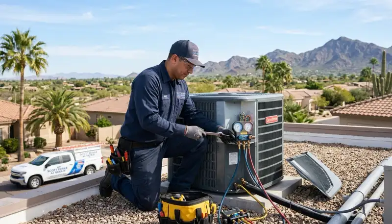 Professional AC repair technician servicing air conditioner unit in Phoenix, AZ