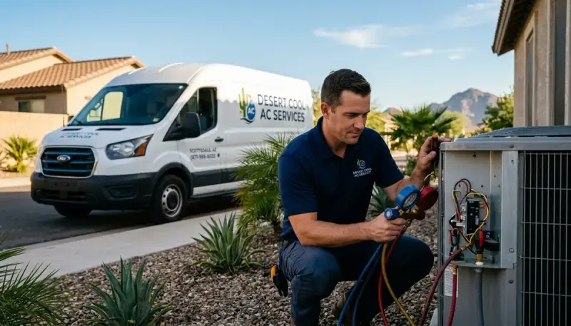 HVAC technician performing AC repair service at a home in Phoenix, AZ