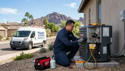 Professional AC repair technician servicing air conditioner in Phoenix AZ home