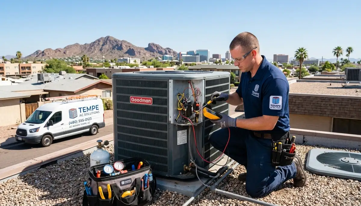 Professional AC repair technician servicing air conditioner in Phoenix, AZ home