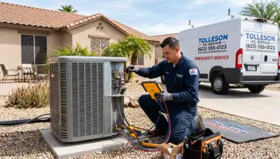 Professional AC repair technician servicing air conditioner unit in Phoenix, AZ
