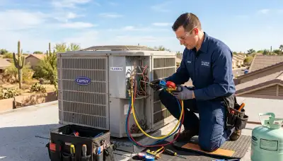 Professional AC repair technician servicing air conditioner in Phoenix AZ home