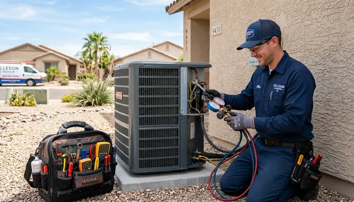 Professional AC repair technician servicing air conditioning unit in Phoenix, AZ