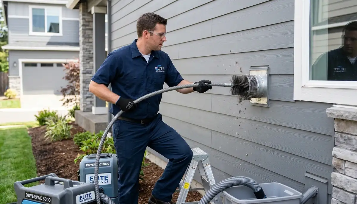Technician cleaning dryer vent for efficient airflow at Phoenix AZ home by Five Star Cooling