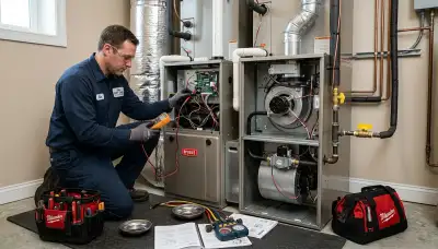 Technician performing heating repair service in Phoenix AZ home for Five Star Cooling