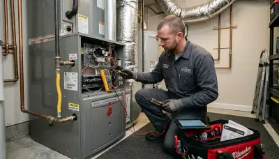 Technician performing heating repair service for residential furnace in Phoenix, AZ