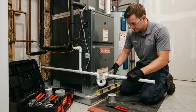 Technician repairing plumbing pipes and water lines in Phoenix AZ home for Five Star Cooling services