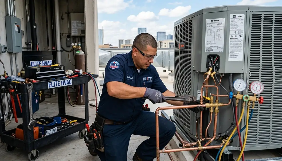 Technician repairing air conditioner and plumbing system in Phoenix AZ home by Five Star Cooling