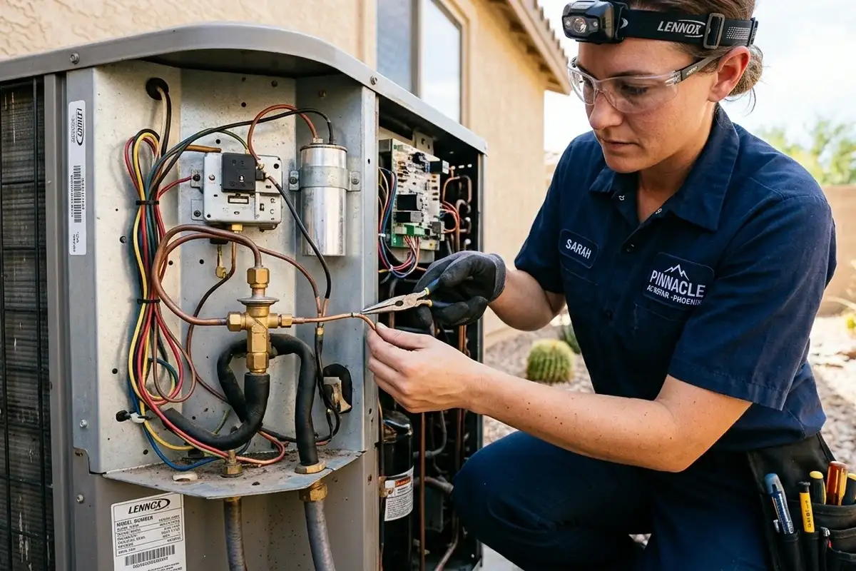 Technician performing precise AC component repair at Phoenix, AZ home for expert cooling system service