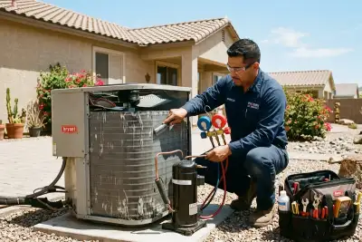 Technician performing residential AC repair service on cooling unit in Phoenix, AZ
