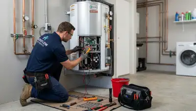 Technician repairing residential water heater unit in Phoenix AZ for Five Star Cooling service