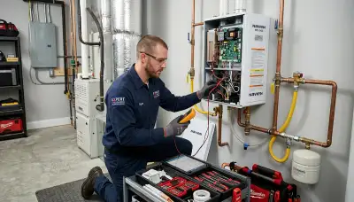 Technician performing water heater repair service in Phoenix, AZ for Five Star Cooling