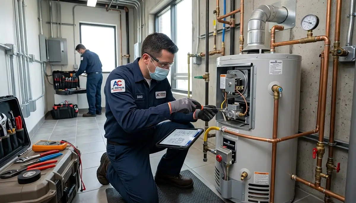 Technician repairing residential water heater system in Phoenix, AZ for Five Star Cooling